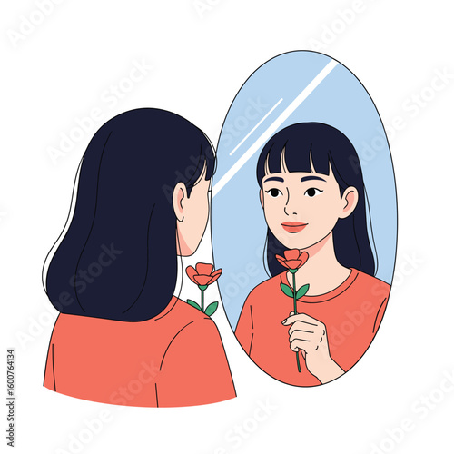 Young woman admiring herself holding a rose in a mirror