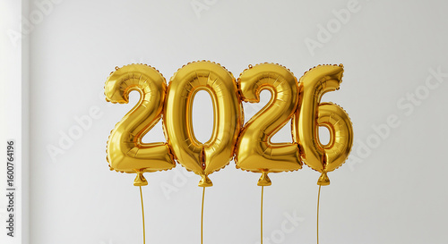 Golden Balloons Forming the Year 2026 Against a White Wall
