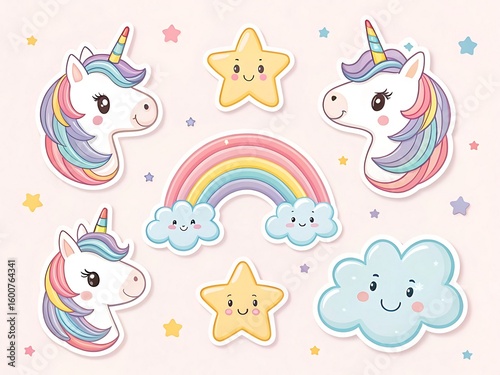 Cute Unicorns Rainbow Stars and Clouds Illustration for Kids and Baby Designs