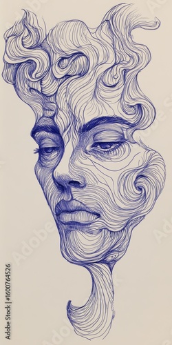 This abstract blue line art features a contemplative face with swirling patterns. The intricate design evokes emotion and creativity, perfect for artistic projects.