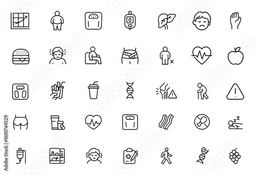 Obesity health risks icon set: vector BMI chart, body weighing scale, diabetes, cholesterol issues, high blood pressure, fast food, mental health thin linear pictogram illustration
