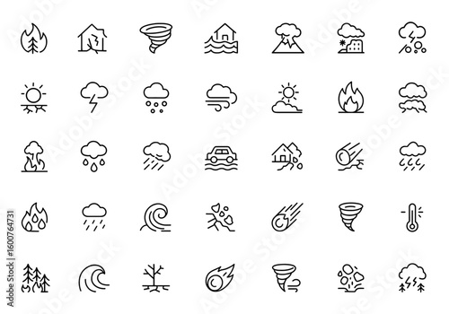 Natural disaster and weather hazard icon set: thin linear vector pictograms of environmental calamities including wildfire, earthquake, tornado, flood, tsunami, volcanic eruption, blizzard