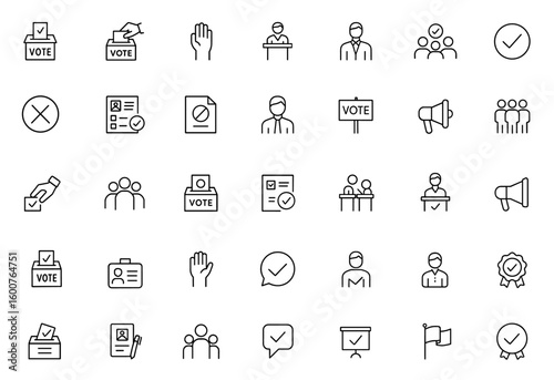 Voting and election icon set: thin linear vector pictograms illustrating democratic processes, voter engagement, civic participation, ballot boxes, candidates, debates, checkmark symbols
