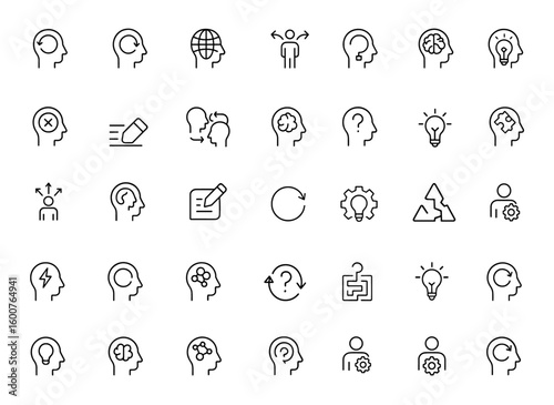 Unlearning and Relearning icon set: Thin linear vector pictograms illustrating knowledge adaptation, creative brainstorming, thinking process, problem-solving, and learning concepts