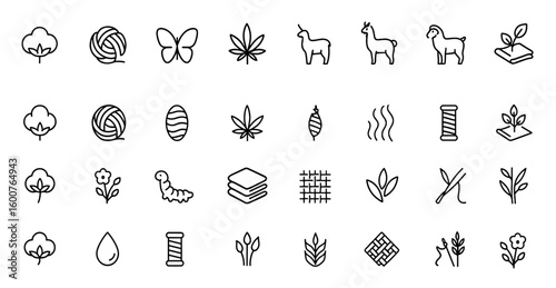 Material composition vector icon set: glyph pictograms of natural textile fibers cotton, wool, silk, hemp, alpaca, cashmere, goat, organic fabric black silhouette illustration, eco-friendly