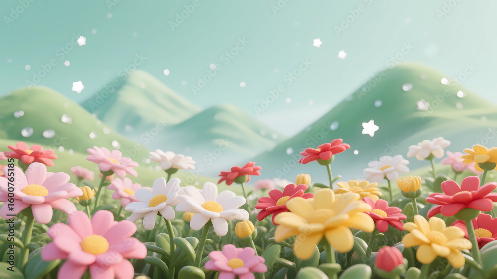 Obraz premium Illustration of colorful chrysanthemums and mountain ranges