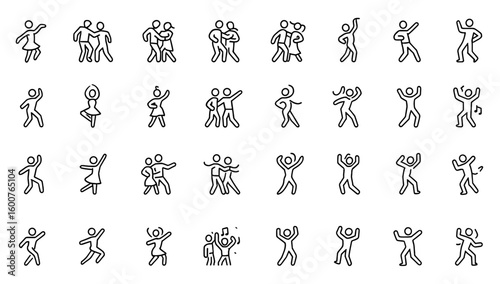 Dance vector icon set: thin linear illustrations of various dancing styles including ballet, hip-hop, salsa, tango, samba, flamenco, jazz, traditional folk, disco, freestyle, pictograms,