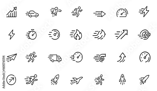 Speed and acceleration icon set: vector line pictograms of rapid growth, fast movement, progress, quick actions, lightning bolt, rocket, speedometer, dynamic thin linear illustration