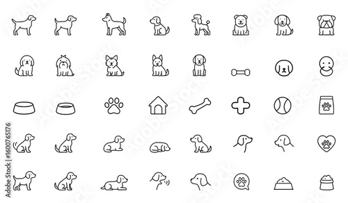 Vector line icon set of dog breeds: labrador, golden retriever, german shepherd, beagle, bulldog, poodle, dachshund, pug, shih tzu, maltese, yorkshire terrier thin linear illustration.