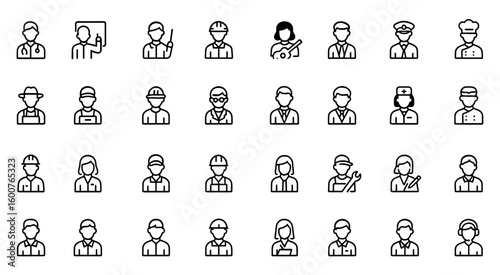 Occupation profession icon set: vector glyph pictograms of doctor, teacher, engineer, police officer, musician, career, workforce, business black silhouette illustration, work, job, staff, team