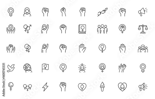 Empowerment feminist icon set: vector line pictograms of women rights, gender equality, protest, raised fists, breaking chain, feminist book, thin linear illustration, activism, equality