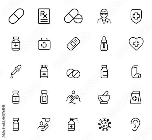 Pharmacy and medicine vector icon set featuring thin outline pills, prescriptions, capsules, bottles, tablets, pharmacist, drug safety, healthcare symbols, medical illustration, pharma icons