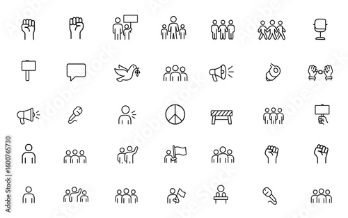 Activism and protest line icon set: vector pictograms of raised fists, demonstration, civil rights, march, placard, freedom of speech, thin linear illustration, social justice, rally