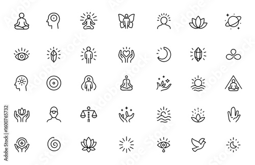 Spiritual Inner Growth icon set: thin linear vector pictograms of meditation, mindfulness, personal transformation, chakra strength, enlightenment, universe, crystal glow