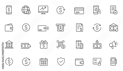 Financial transaction and payment icon set: thin linear vector pictograms of digital payments, money transfers, banking services, credit card, ATM, cash wallet illustration, finance