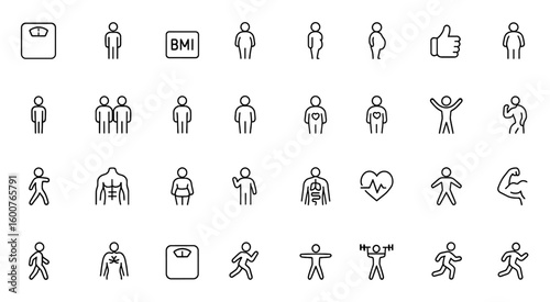 People body weight icon set: vector line pictograms of scale, figure, BMI, overweight, underweight, pregnant, health status, thin linear illustration, wellness, fitness, anatomy.