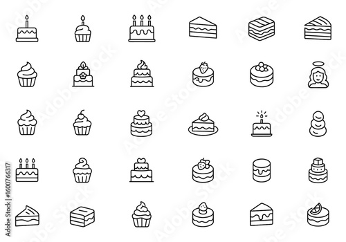 Birthday cake line icon set, vector pictograms of cupcakes, wedding cakes, cheesecake, pastry dessert, thin linear illustration, bakery symbols, celebration icons, sweets, party, dessert, food