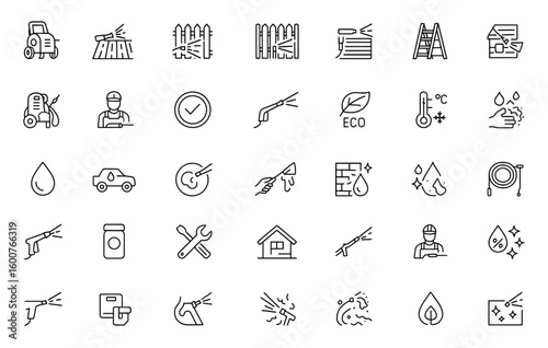 Power washing icon set: vector line pictograms of washer machine, patio, deck, fence, siding, garage, window, ladder, roof, thin linear illustration, cleaning, exterior, pressure wash, home