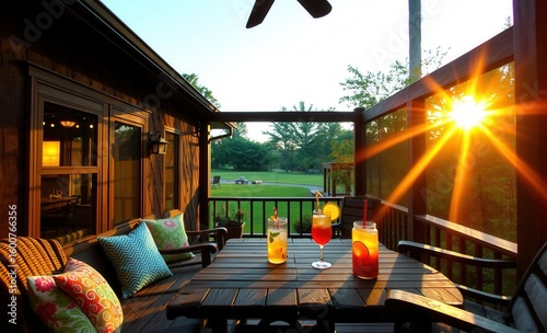 Sunset casting a warm glow over a screened porch with rustic wooden furniture and refreshing summer drinks Vibrant Rim Light technology vibrant background colorful modern