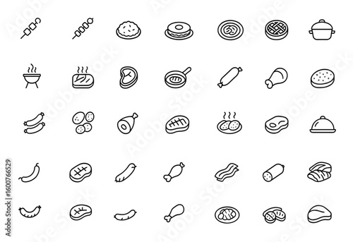 Meat product icon set vector: thin linear pictograms of kebab, shashlik, ground beef, tartare, carpaccio, patty, pie, casserole, barbecue food, grilling, fresh meat, cooking, food illustration