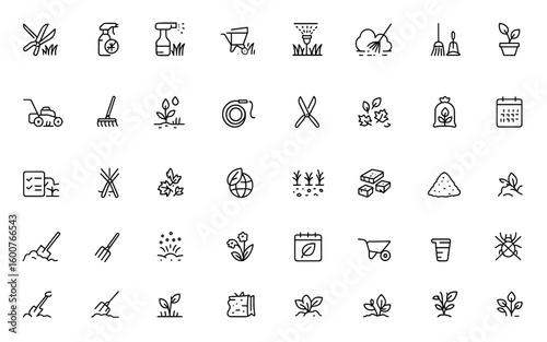 Lawn care icon set line art. Vector pictograms featuring trimming, weed control, overseeding, irrigation, shrubs, leaves removal, seasonal cleanup, thin linear illustration, landscaping tools