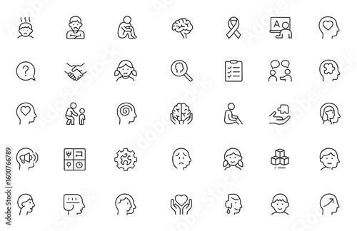 Neurodiversity support and autism awareness concept vector illustration with line icons showing behavior signs, therapy, emotional communication, inclusive education for children, mental health.