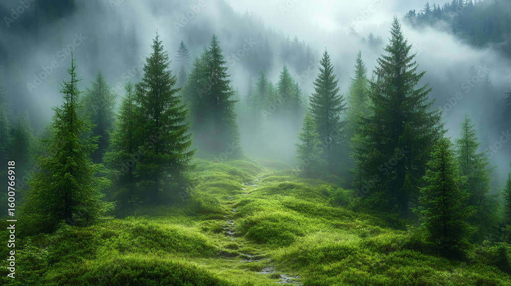 Fototapeta premium Soft mist rising from the ground in a foggy morning scene