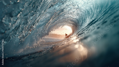 A surfer catches a wave in a tunnel of water at sunset. The shot was shot from inside the wave, emphasizing the dynamics, scale and power of the elements, as well as the bravery of the athlete.