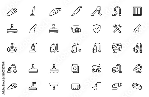 Vacuum cleaner icon set line art. Thin linear vector pictograms of handheld, upright, robot, rechargeable vacuum, motor, hose, HEPA filter, brush, accessory, delivery, warranty, illustration.