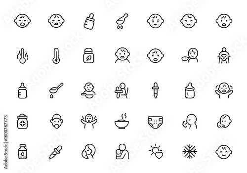 Feeding baby problem icon set: thin linear vector pictograms illustrating crying, allergy, reflux, spit, discomfort, temperature, hot, cold, spoon, colic food symbols, infant care icons.