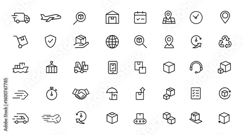 Vector shipping fulfilment icon set with thin linear pictograms: delivery, logistics, packaging, warehouse, tracking, pickup location, calendar, stopwatch illustration, trust line, service.