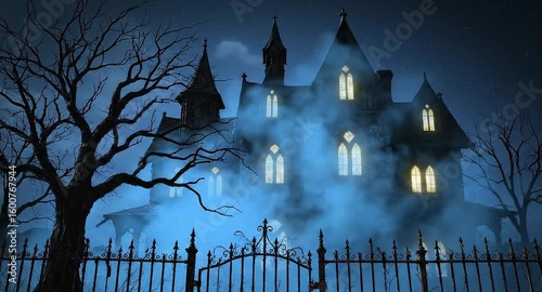 Haunted House with Glowing Windows and Fog on Spooky Night