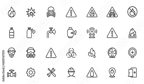 Gas safety icon set glyphs — vector illustrations of flammable, explosive, toxic hazards, danger signs, no flame zone, protective mask, warning labels, black silhouette pictograms, safety.
