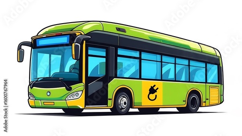 Modern green electric bus with charging symbol and blue windows