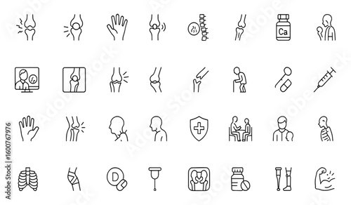 Vector medical icon set: thin linear pictograms illustrating healthcare, arthritis, inflammation, osteoporosis, skeleton, calcium supplement, diagnosis, pain, injury, injection.