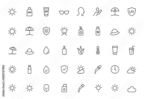 Vector icon set of sun protection glyphs: sunscreen, SPF, sunglasses, skin safety, skincare, beach umbrella, UV shield, summer care, hat; black silhouette pictogram illustration.