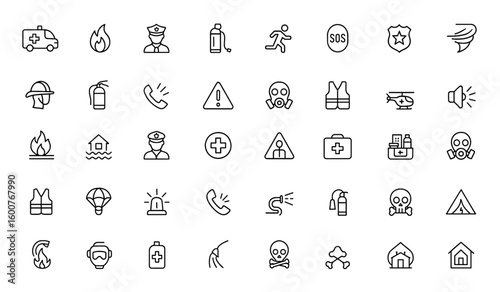 Safety and emergency icon set with vector glyph pictograms: ambulance, fire, police, SOS, evacuation, natural disaster response, law enforcement, medical aid, black silhouette illustration.