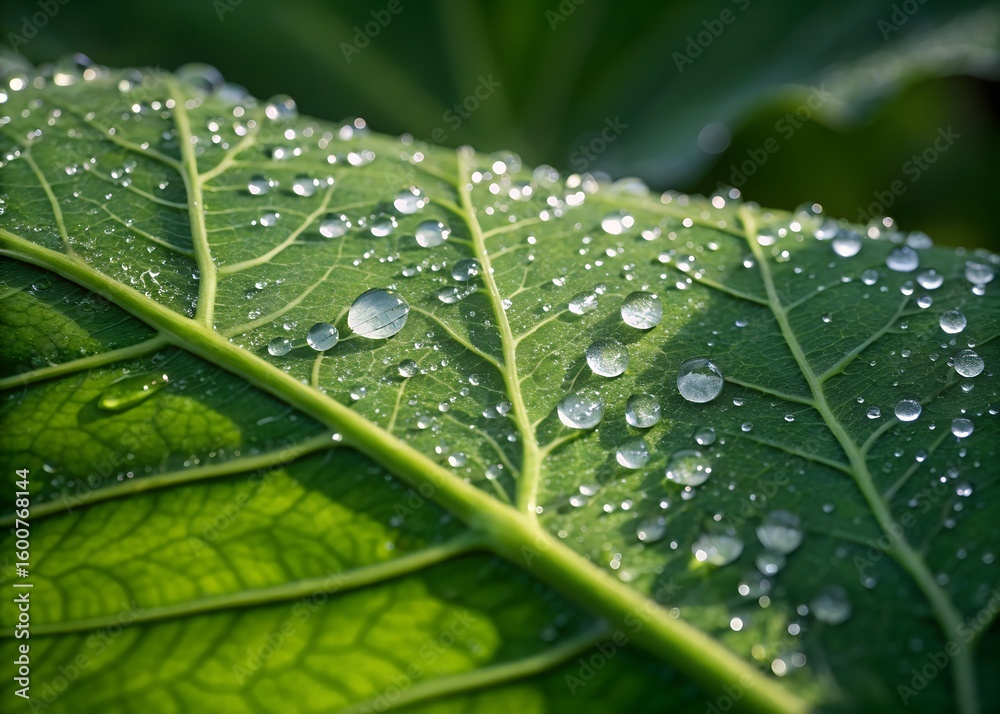Fototapeta premium Close up of a vibrant green leaf with numerous clear water droplets resting on its textured surface, shimmering brightly in soft natural light.