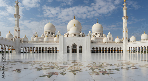 Grand Sheikh Zayed Mosque in Abu Dhabi, UAE, featuring white domes and intricate floral marble floor under a blue sky, showcasing Islamic architecture.