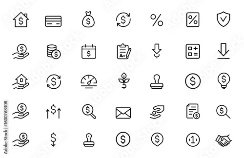 Finance and loan icon set: vector glyph pictograms of mortgage, credit, money bag, repayment, interest rate, banking, loan agreement, percentage, black silhouette illustration.