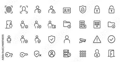 Vector glyph icon set of security clearance access: biometric recognition, authentication, permission, restriction, id card, pin keypad, black silhouette sign pictograms illustration.