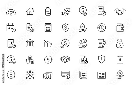 Vector line icon set for loan and financing illustrations, featuring credit score, mortgage, interest rate, repayment, approval, penalty, rejection, agreement, calculator, credit risk, and more.