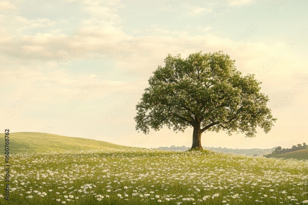 Obraz premium Large tree stands in a field of flowers
