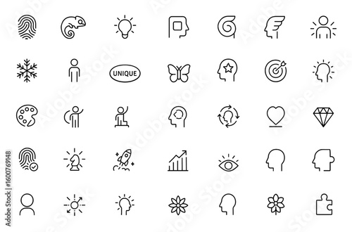 Distinctiveness and creativity icon set, unique personal identity line pictograms, individuality, self-expression, adaptation, diverse concepts in thin linear vector illustration and more.