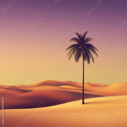 Palm tree stands alone in a desert landscape. The sky is a mix of purple and orange, creating a serene and peaceful atmosphere