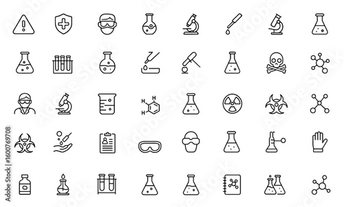 Laboratory Safety and Chemistry line icon set – vector pictograms of scientific research, chemical experiments, lab equipment, molecule science, chemist, microscope, thin linear illustration