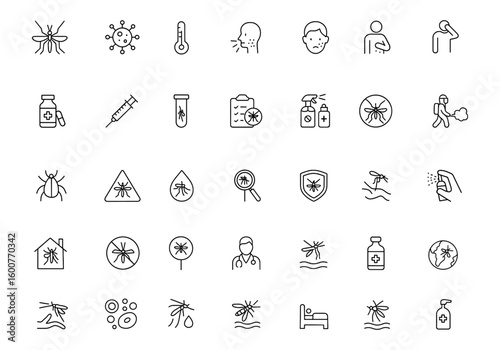 Vector line icon set of mosquito-borne diseases: thin linear illustrations of malaria, dengue, virus, fever, rash, symptoms, vaccine, injection, test, spray, repellent, fumigation, pictograms and more