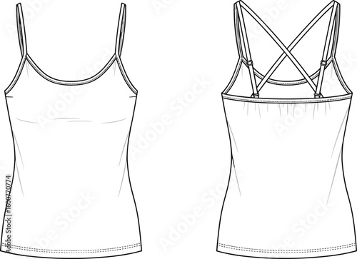 Women's spaghetti strap cami top technical sketch, front and back vector illustration for apparel design, fashion flat cad drawing