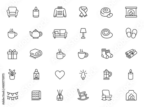Cozy Hygge Lifestyle icon set: warm interiors, knitted sweater, scarf, rocking chair, fireplace, sofa, cinnamon roll vector pictograms, comfort-focused living, thin line illustration and more.