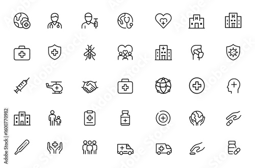Global Medical Care icon set: vector line pictograms illustrating worldwide health support, vaccination, wellness initiatives, healthcare, and thin linear medical symbols, illustration